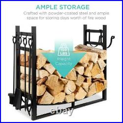 Black Firewood Rack with Fireplace Tools Outdoor Fire Pit Poker Set Wood Burning
