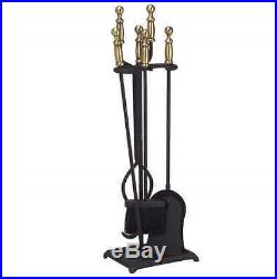 Black Vintage Brass Plated Fireplace Fire Tools 4 Piece Tool Set Square Stand