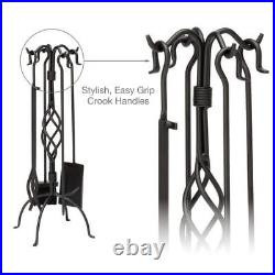 Black Wrought Iron 5-Piece Fireplace Tool Set with Center Weave