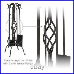 Black Wrought Iron 5-Piece Fireplace Tool Set with Center Weave