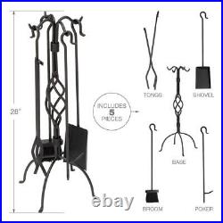 Black Wrought Iron 5-Piece Fireplace Tool Set with Center Weave