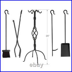 Black Wrought Iron 5-Piece Fireplace Tool Set with Center Weave