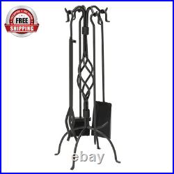 Black Wrought Iron 5-Piece Fireplace Tool Set with Center Weave