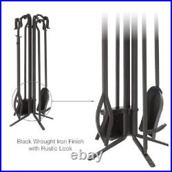 Black Wrought Iron 5-Piece Fireplace Tool Set with Crook Handles