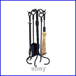 Black Wrought Iron 5-Piece Fireplace Tool Set with Ring/Twist Handles with Heavy