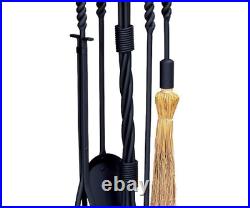 Black Wrought Iron 5-Piece Fireplace Tool Set with Twist Base and Twist Handles