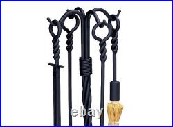 Black Wrought Iron 5-Piece Fireplace Tool Set with Twist Base and Twist Handles