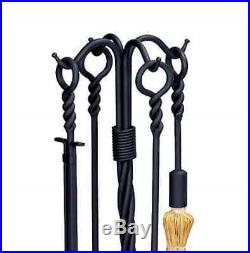 Black Wrought Iron Fireplace Tool Set 5-Piece with Stand Shovel Brush Poker Lifter