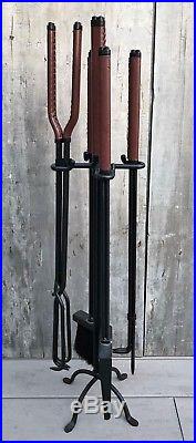 Black Wrought Iron Fireplace Tool Set Leather Handles Poker Shovel Tongs Broom