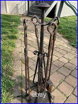 Blacksmith Hand Forged Fireplace Tools Primitive 4 Piece Set + Stand