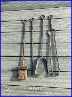 Blacksmith Hand Forged Fireplace Tools Primitive 4 Piece Set + Stand