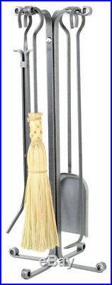 Brand New Enclume 4 Piece Rolled Eye Fireplace Tool Set with Stand, Hammered Steel
