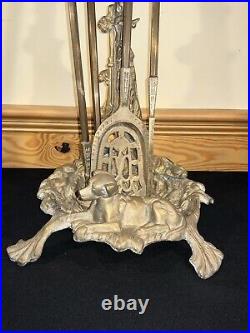 Brass Baroque 4 Pc Fire Tool Set Hunting Theme With Game Rifle Dog Fox Horn