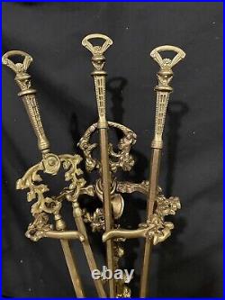 Brass Baroque 5 Pc. Fire Tool Set Hunting Theme With Game / Rifle / Dog/lighter