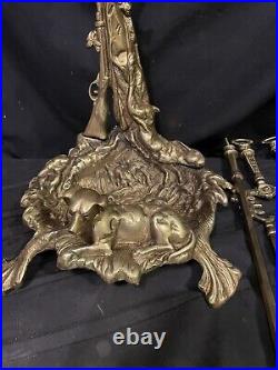 Brass Baroque 5 Pc. Fire Tool Set Hunting Theme With Game / Rifle / Dog/lighter