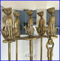 Brass Cats VTG Fireplace Set of 4 Poker Shovel Thongs Broom Brass Base Tool Set