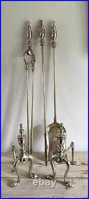 Brass Finial Top Fire Dogs & Tools Poker Shovel Tongs Companion Set Heavy