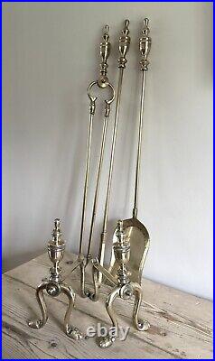 Brass Finial Top Fire Dogs & Tools Poker Shovel Tongs Companion Set Heavy