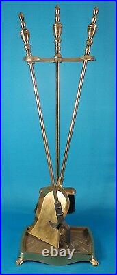 Brass Fireplace Tool Stand, Shovel, Poker, Broom 4 Piece Set