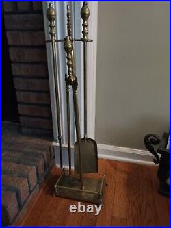 Brass Fireplace Tools Set Piece & Stand Heavy tongs shovel poker tool VTG