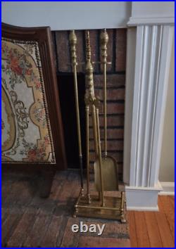 Brass Fireplace Tools Set Piece & Stand Heavy tongs shovel poker tool VTG