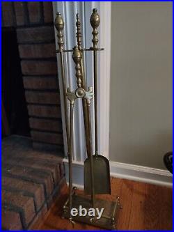 Brass Fireplace Tools Set Piece & Stand Heavy tongs shovel poker tool VTG