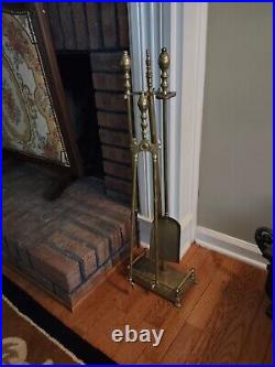 Brass Fireplace Tools Set Piece & Stand Heavy tongs shovel poker tool VTG