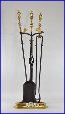 Brass, Iron Fireplace Tool Set Figural Devil With Cloven Feet And Lion Details