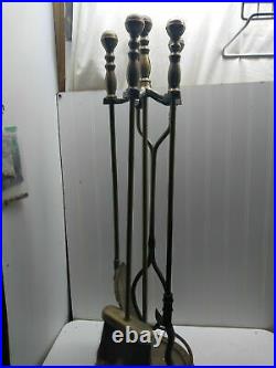 Brass Polished Forged Fireplace Tool Set 5 Piece & Organizer Stand