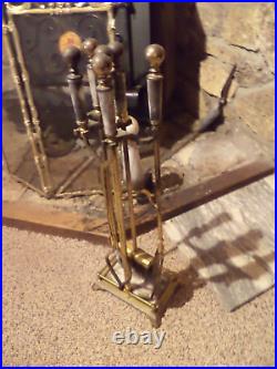 Brass Tone & marble Solid 5-Piece Fireplace Tool & Stand Set & Screen & Andirond