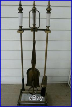Brass and Marble Fireplace Tool Set Tongs, Poker, Broom and Shovel