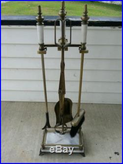Brass and Marble Fireplace Tool Set Tongs, Poker, Broom and Shovel