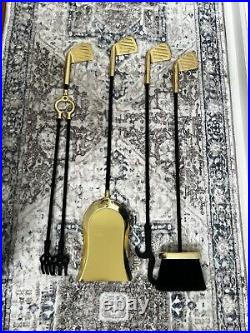 Brass/cast Iron 5 Piece Golf Club & Ball Handle Fireplace Tool Kit