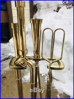 Bright Vintage Brass Fireplace Tool Set Broom Shovel Claw Tongs Poker Claws