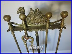 C. 1920 Antique 5-Piece OLD BRASS 36 Tall Fireplace Tool Set with ARABIAN CAMEL