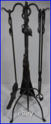 Classic Iron Smith Hand Forged Crafted Fireplace Wood Stove Tool Set Leaf Broom