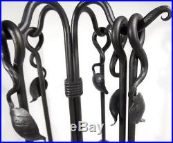 Classic Iron Smith Hand Forged Crafted Fireplace Wood Stove Tool Set Leaf Broom