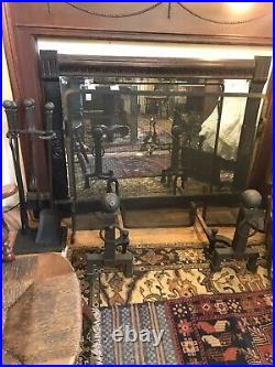 COMPLETE ANTIQUE ARTS CRAFTS FIREPLACE HEARTH SET ANDIRONS SCREEN TOOLS 1920s