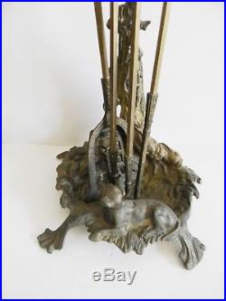 Cast French brass fireplace tool set with dog and hunting motif