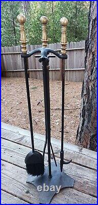 Cast Iron Brass Handle Fireplace Hearth Tools Stoker Poker Brush Broom Log