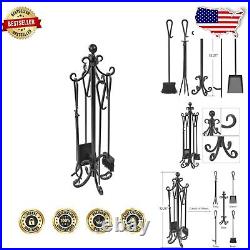 Complete Black Wrought Iron Fireplace Tool Set Ergonomic and No Assembly