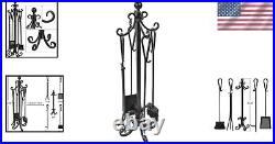 Complete Black Wrought Iron Fireplace Tool Set Ergonomic and No Assembly