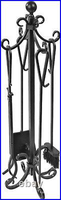 Complete Black Wrought Iron Fireplace Tool Set Ergonomic and No Assembly