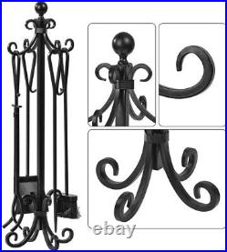 Complete Black Wrought Iron Fireplace Tool Set Ergonomic and No Assembly