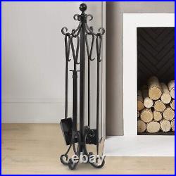 Complete Black Wrought Iron Fireplace Tool Set Ergonomic and No Assembly