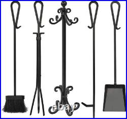 Complete Black Wrought Iron Fireplace Tool Set Ergonomic and No Assembly