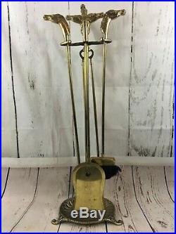 Complete Vintage 5 Piece Fireplace Tool Set Solid Brass Horse Head Design Stand