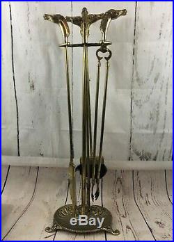 Complete Vintage 5 Piece Fireplace Tool Set Solid Brass Horse Head Design Stand