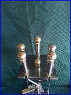 Complete vintage Metal gold Finish 5 PC set lot FIREPLACE TOOLS stand ORNATE