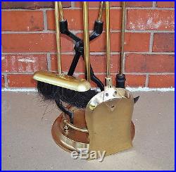 Contemporary 5 Pcs Brass Plated Fireplace Tools -Stand/Damper/Broom/Shovel/Tongs